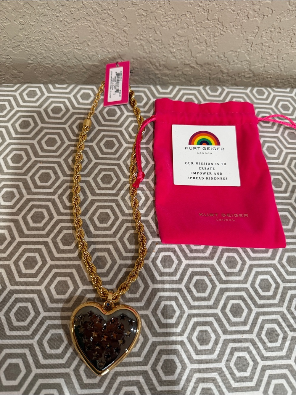 Kurt Geiger Gold Heart Pendant Necklace with Pink Drawstring Pouch